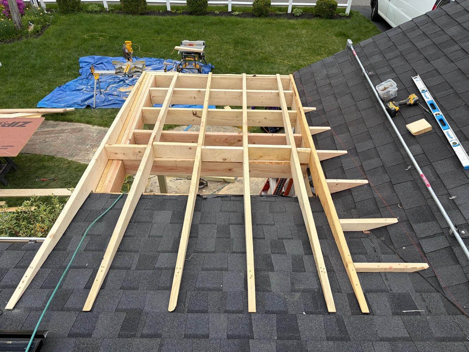 Overhead view of completed roof rafter structure on Webster MA porch addition ready for ZIP System sheathing